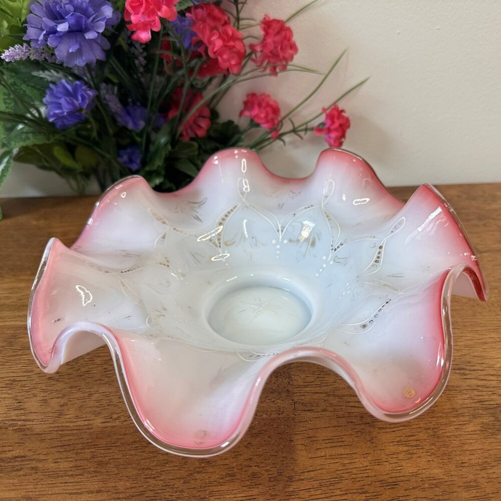 Victorian Ruffled Edge Bride’s Bowl White and Cranberry Opalescent Glass Hand Pa